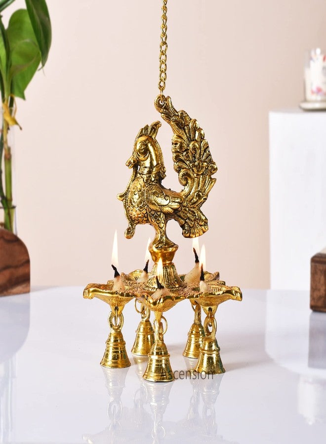 أسينشين مصباح ديا عتيق على شكل طاووس مع أجراس وسلسلة للمنزل، مصباح ديا معدني معلق للمعبد في ديوالي، غرفة بوجا، ديكور منزلي - Image 1